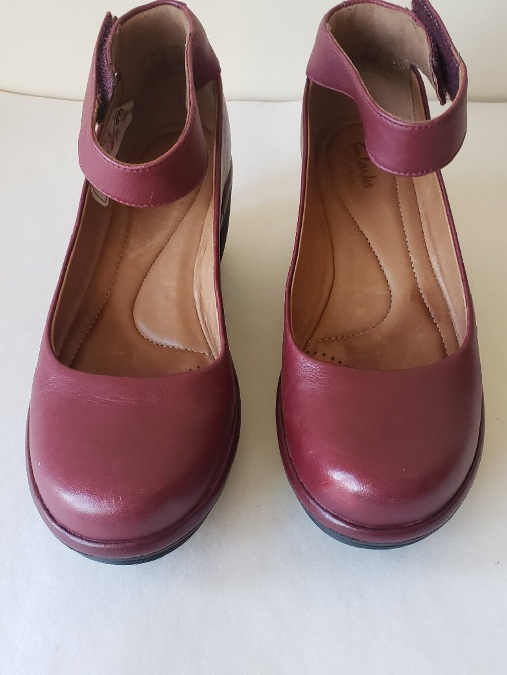 NWT CLARKS Women's Clarene Tide Ankle Strap Wedge Shoe,Burgundy Leather Size 6.5